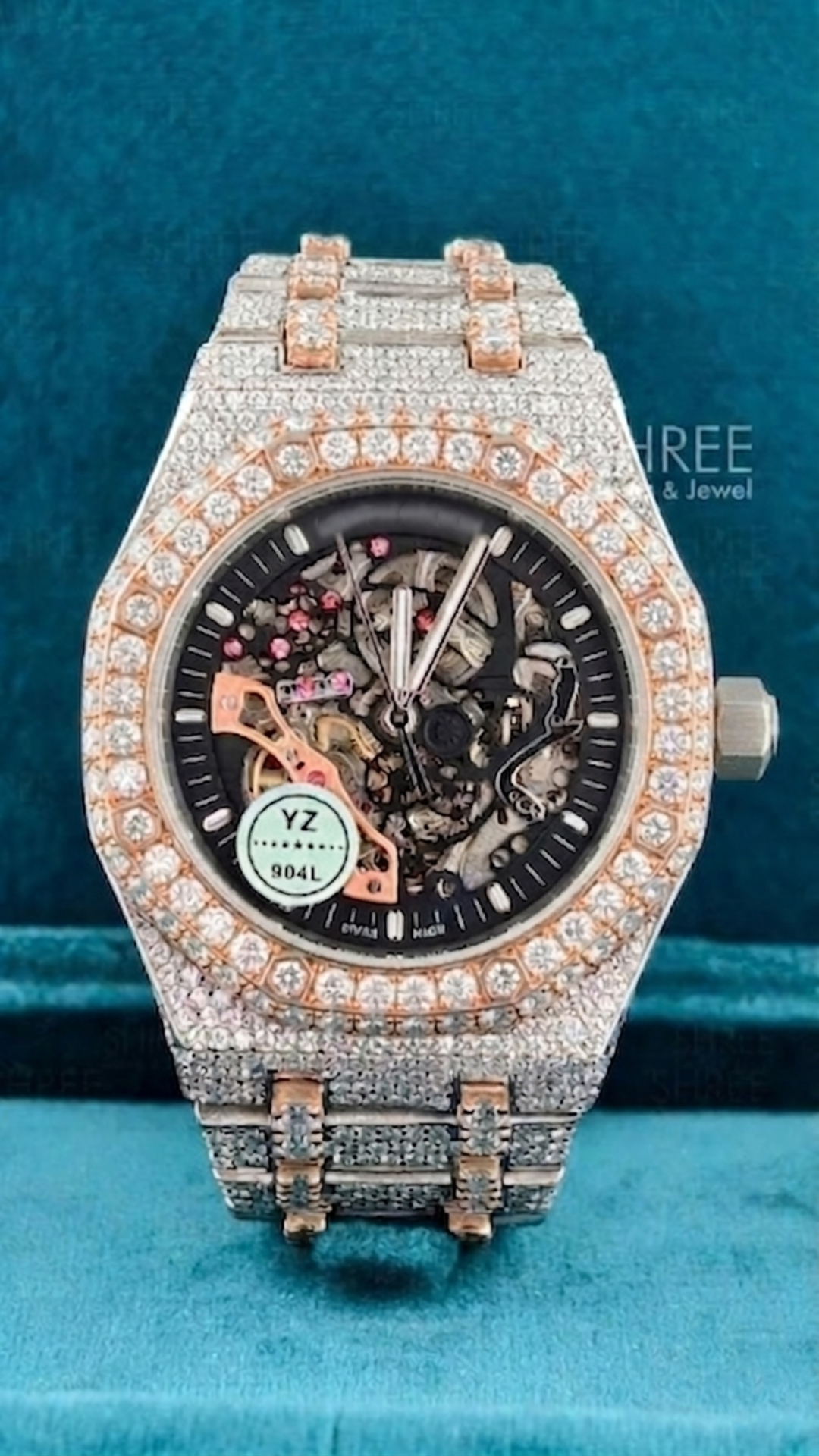 Front View of Skeleton Moissanite Watch 41mm – Rose Gold AP Style