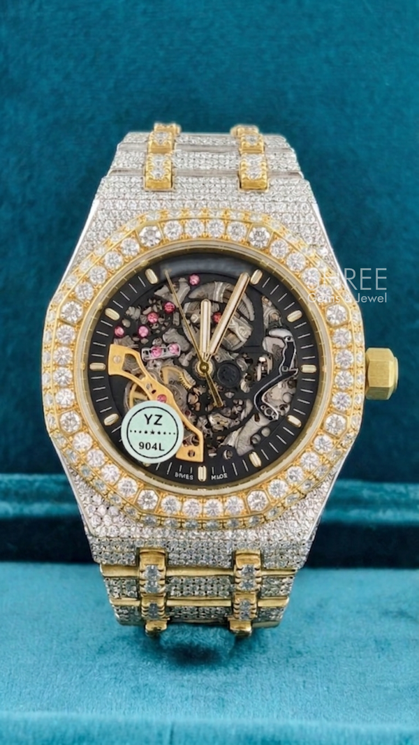 Front View of Skeleton Moissanite Watch 41mm – Yellow Gold AP Style