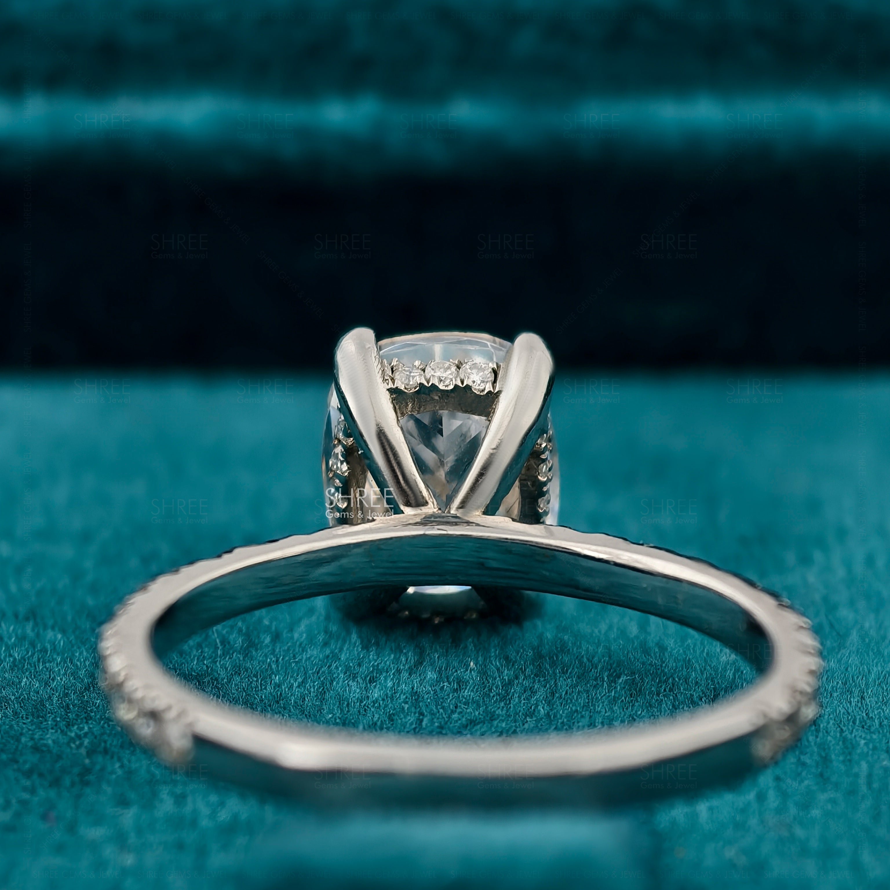 Cushion Cut Lab Diamond Hidden Halo Half Eternity Wedding Ring