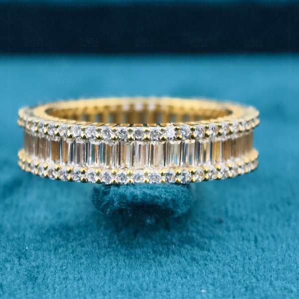 Front View Of Three Row Baguette & Round Lab Diamond Wedding Band