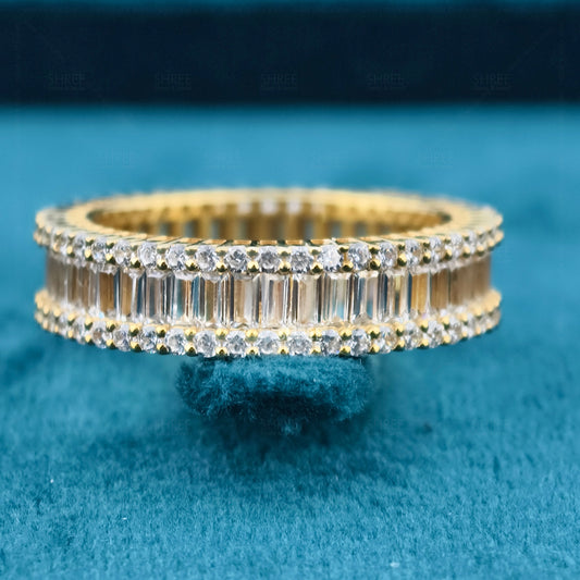 Front View Of Three Row Baguette & Round Lab Diamond Wedding Band