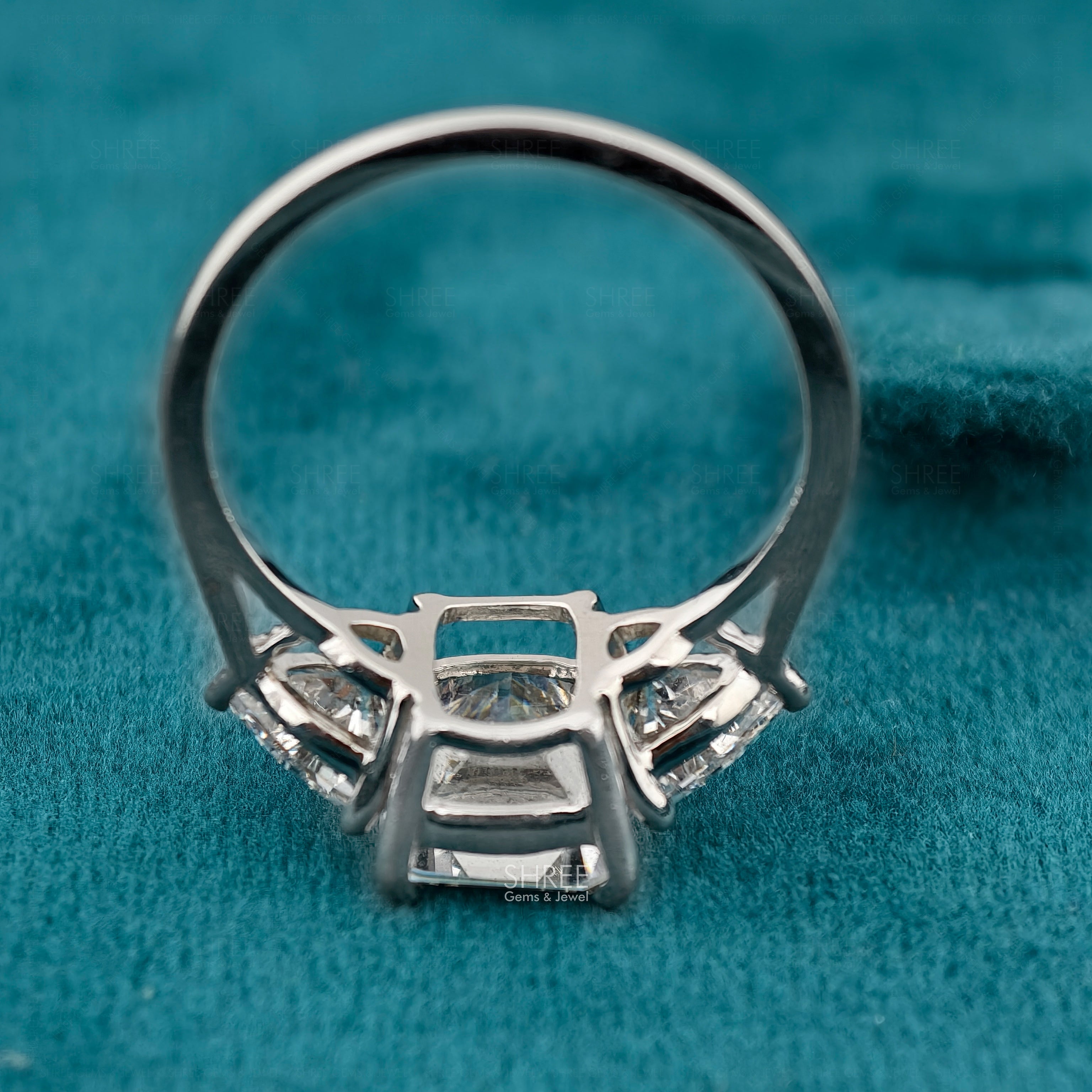 Emerald Cut Lab Diamond 3 Stone Modern Engagement Ring