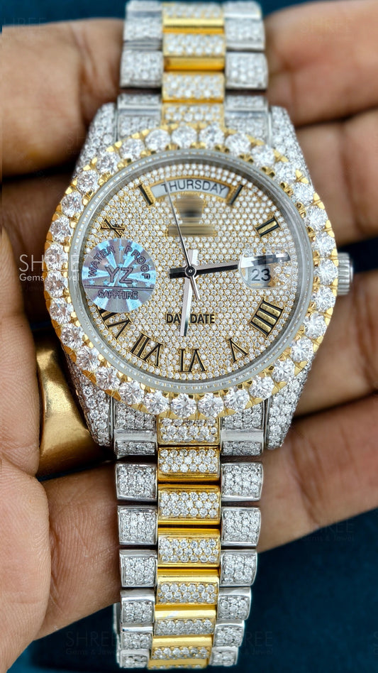 Front View of Two Tone Fully Bust Down Watch With Moissanite