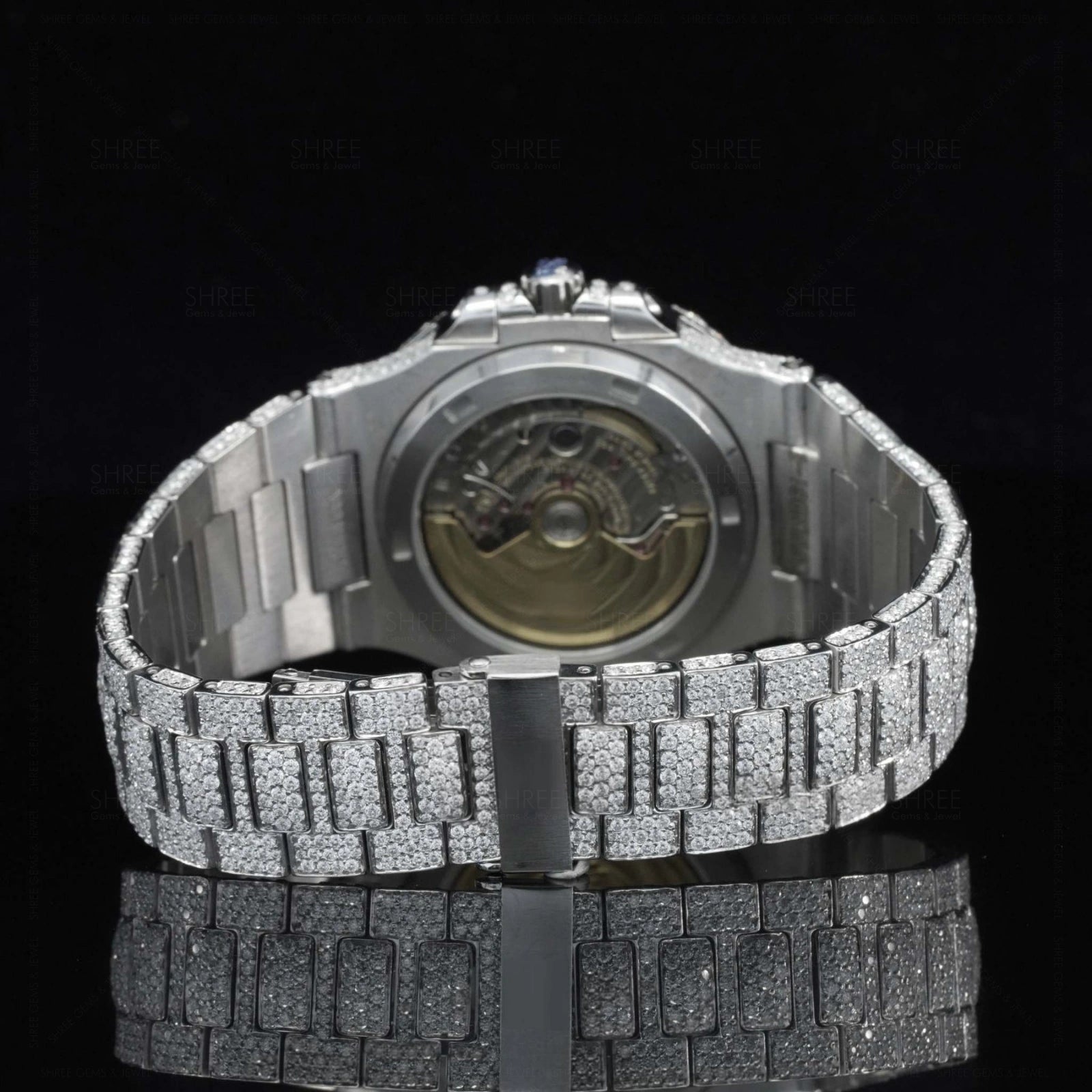 Back side view of Nautilus Iced Out Moissanite Diamond Watch | 41 MM | White Gold Tone