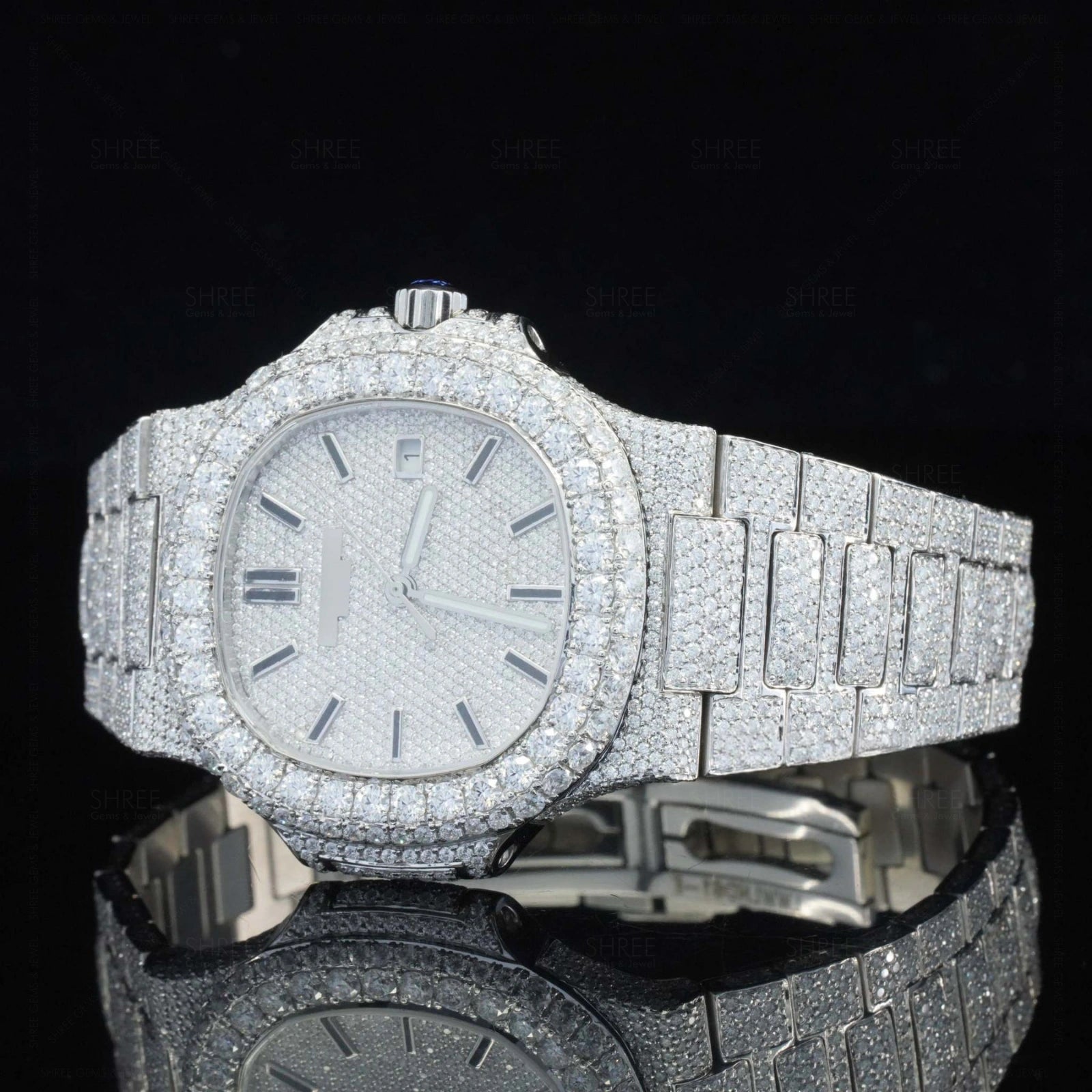 Close up view of Nautilus Iced Out Moissanite Diamond Watch | 41 MM | White Gold Tone