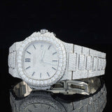 Close up view of Nautilus Iced Out Moissanite Diamond Watch | 41 MM | White Gold Tone