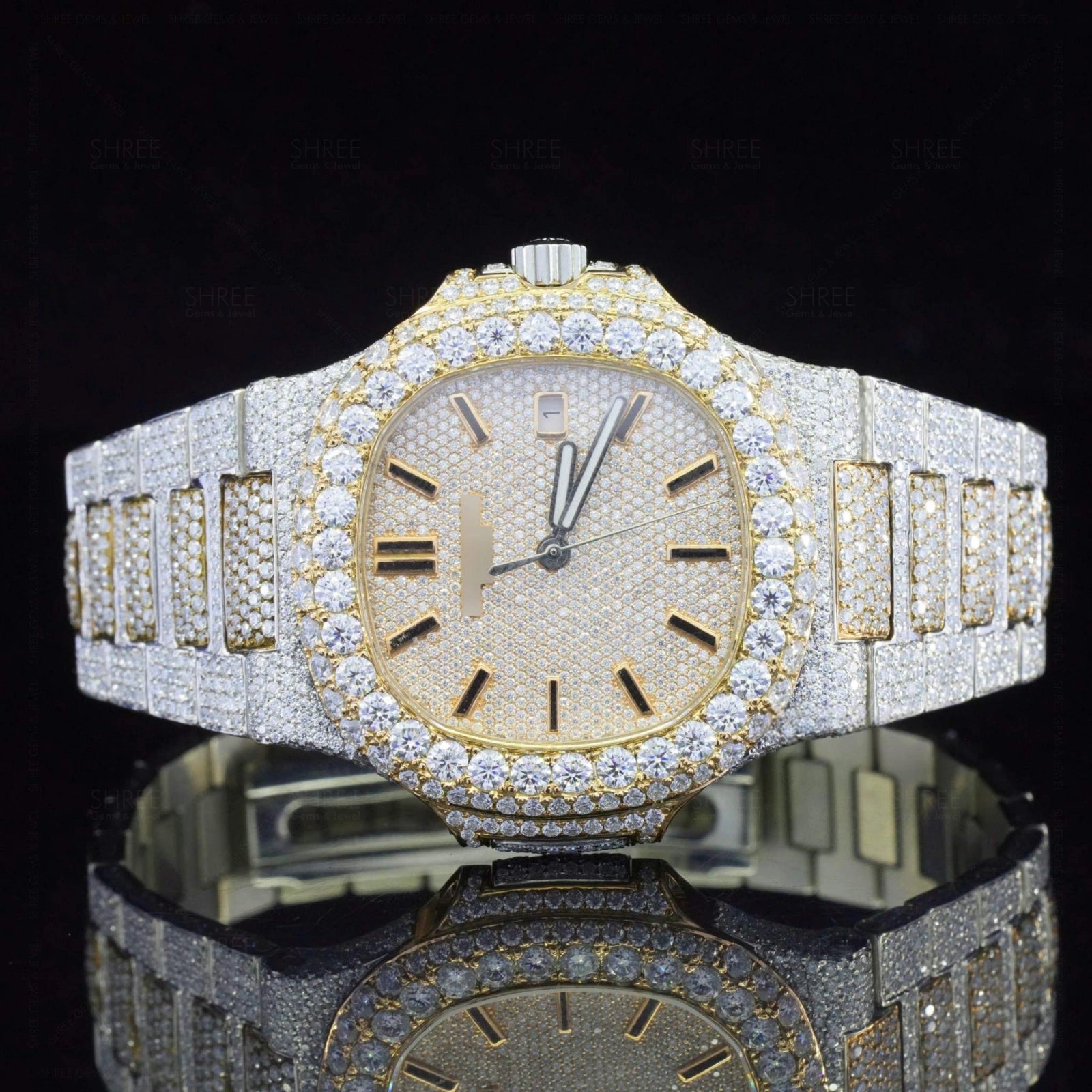 Front view of Nautilus Iced Out Moissanite Diamond Watch | 41 MM | White Gold Tone