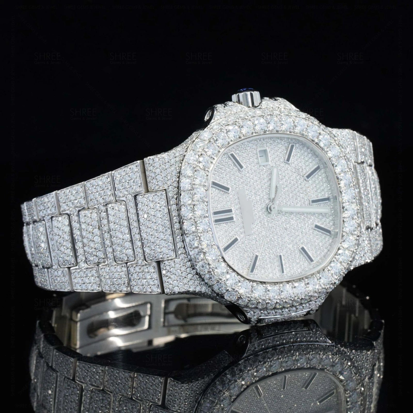 Side view of Nautilus Iced Out Moissanite Diamond Watch | 41 MM | White Gold Tone