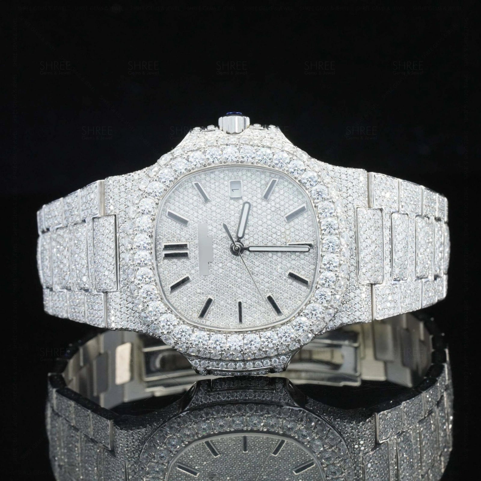 Front view of Nautilus Iced Out Moissanite Diamond Watch | 41 MM | White Gold Tone