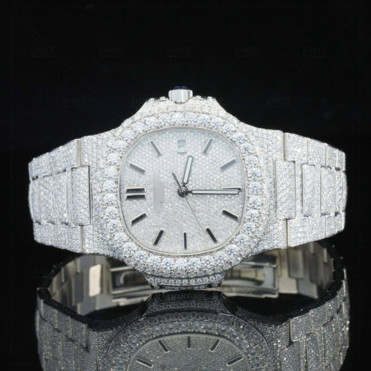 Front view of Two Tone Nautilus Moissanite Diamond Watch 41 MM White Gold Tone