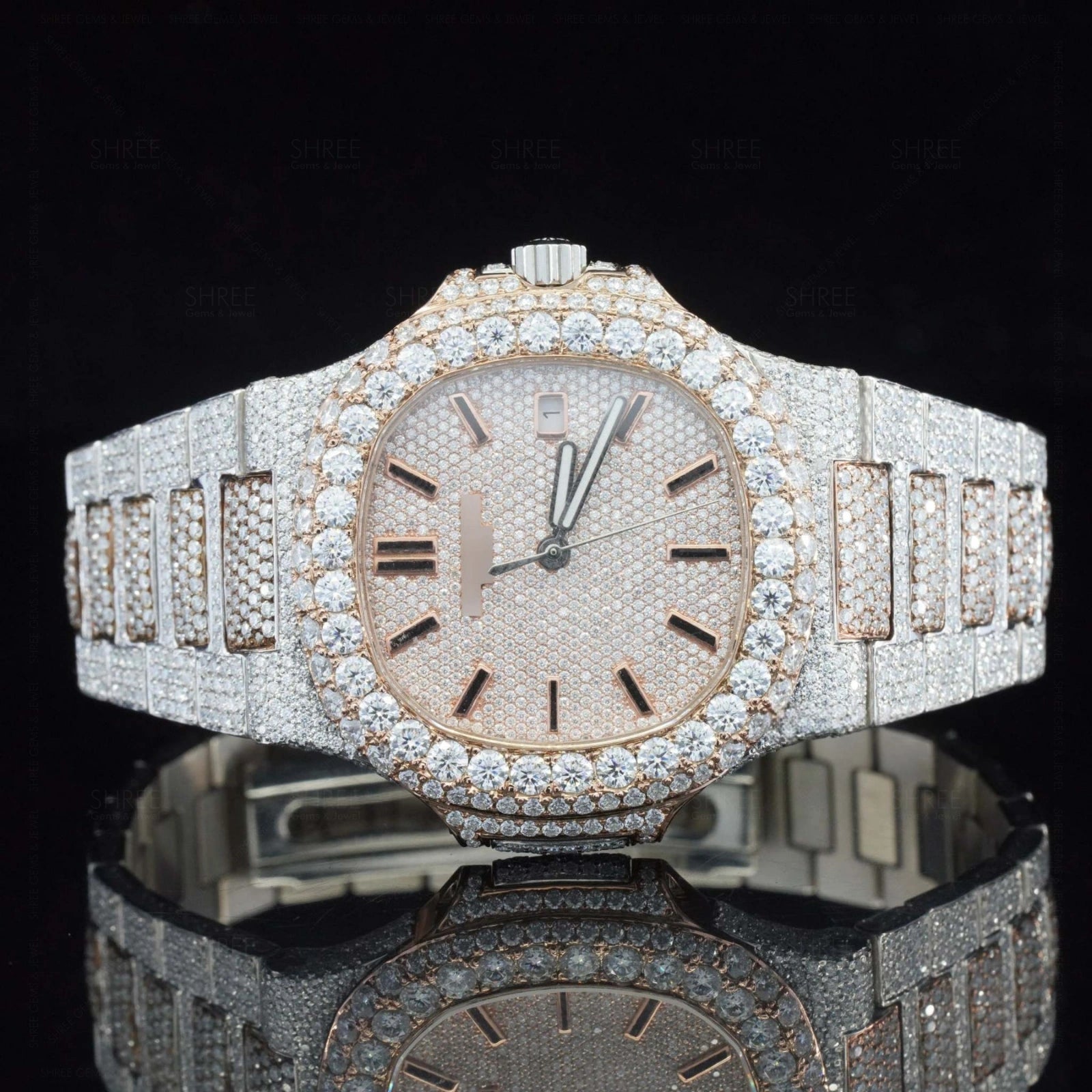 Front View of Nautilus Style Moissanite Watch 41mm – Two Tone Rose Gold