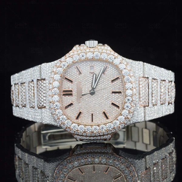 Front View of Two Tone Nautilus Moissanite Diamond Watch​  41 MM  Rose Gold Tone
