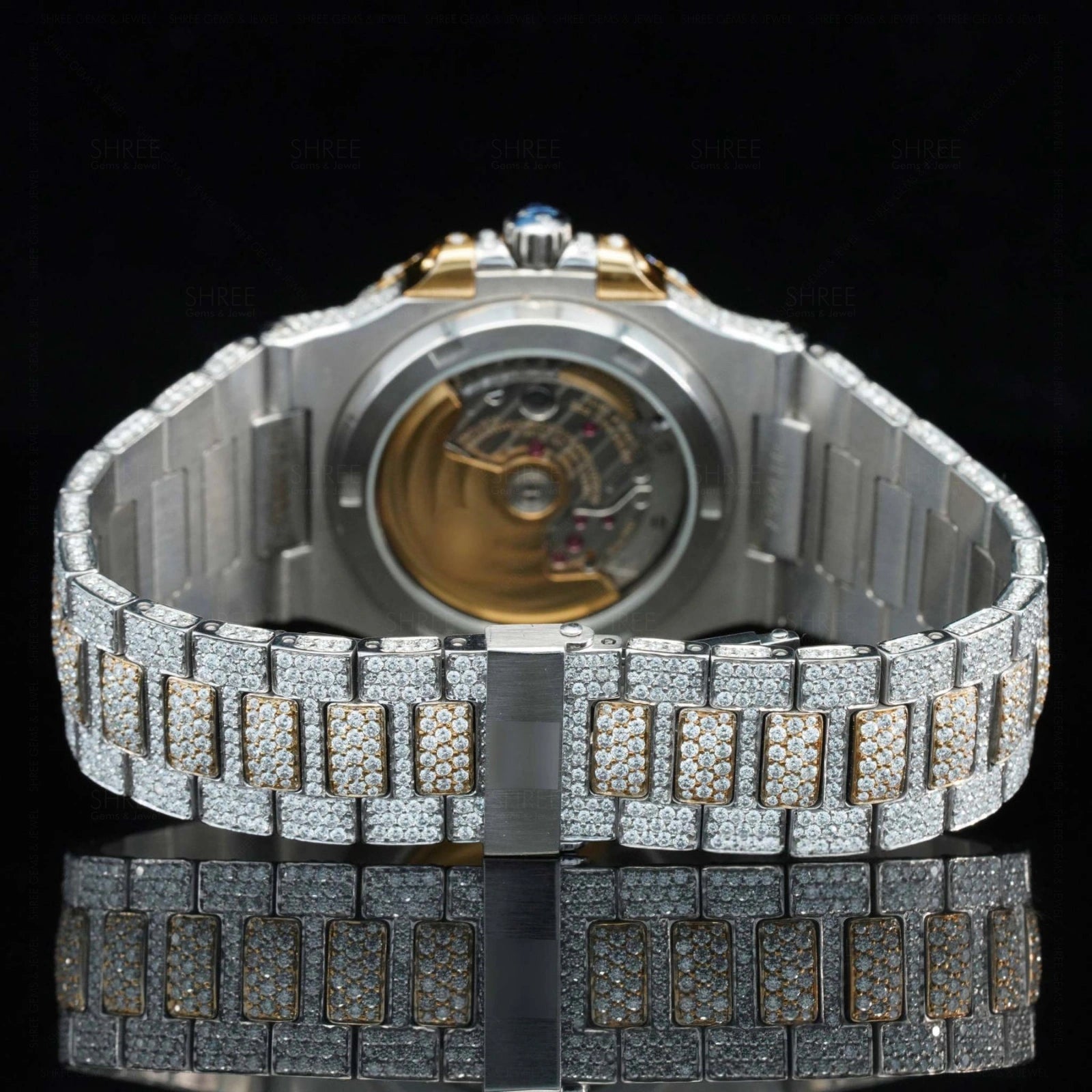 Back side view of Nautilus Style Moissanite Watch 41mm – Two Tone Yellow Gold