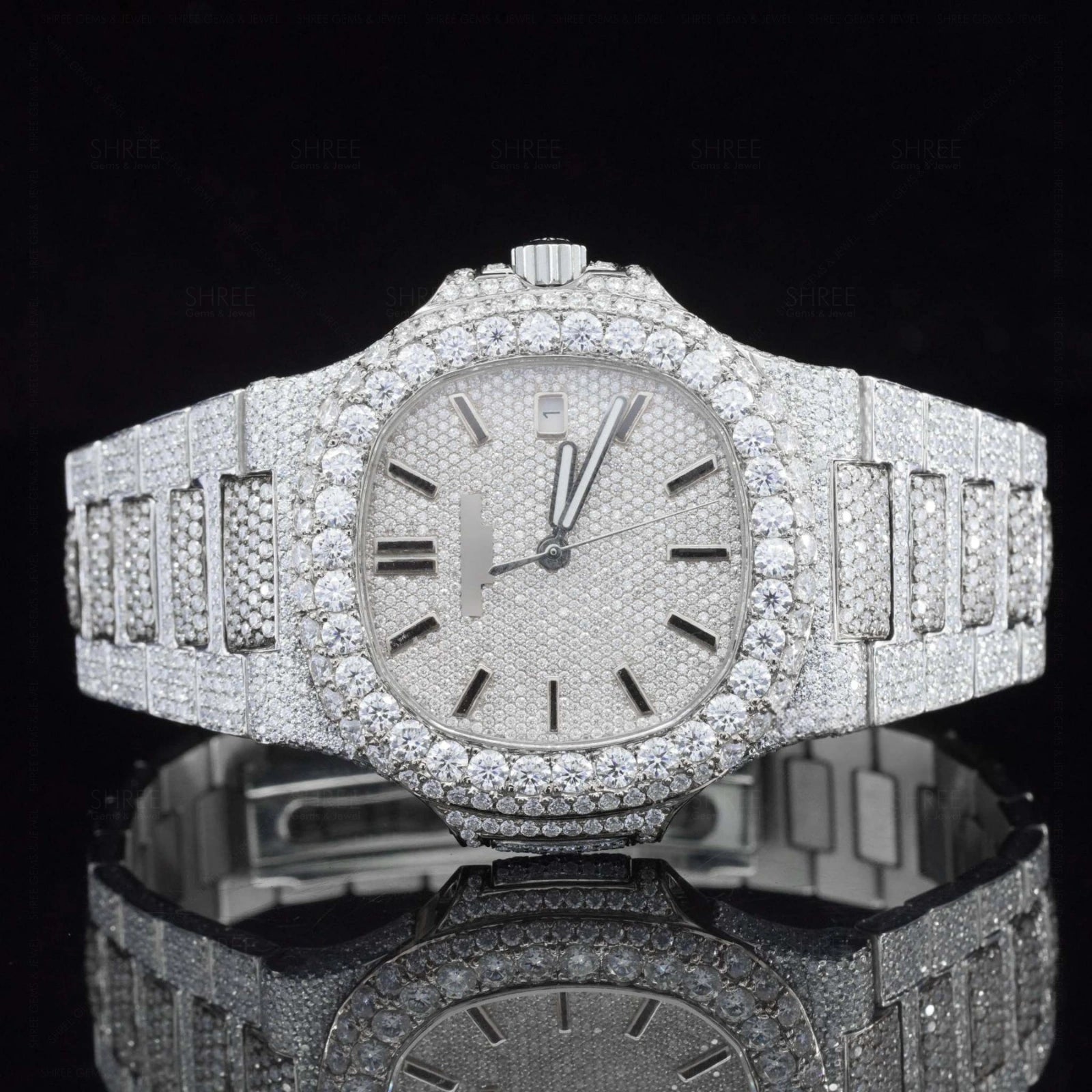 Front View of Nautilus Style Moissanite Watch 41mm – White Gold Tone