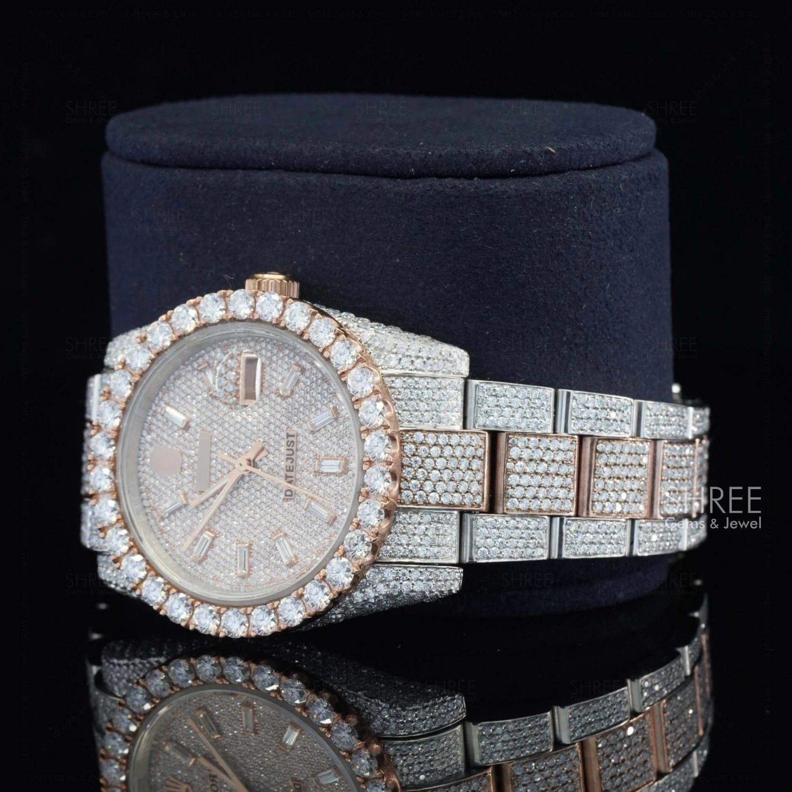 Side Face View of Two Tone Pave Dial Moissanite Watch | Rose Gold Luxury Iced Watch