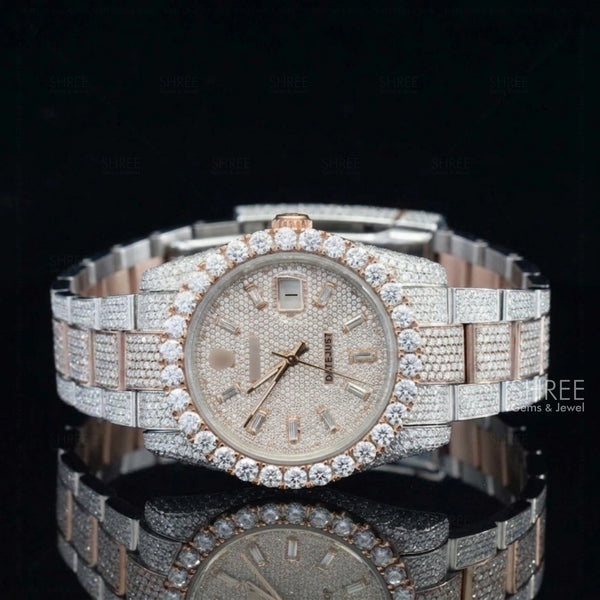 Front View of Two Tone Pave Dial Moissanite Watch | Rose Gold Luxury Iced Watch