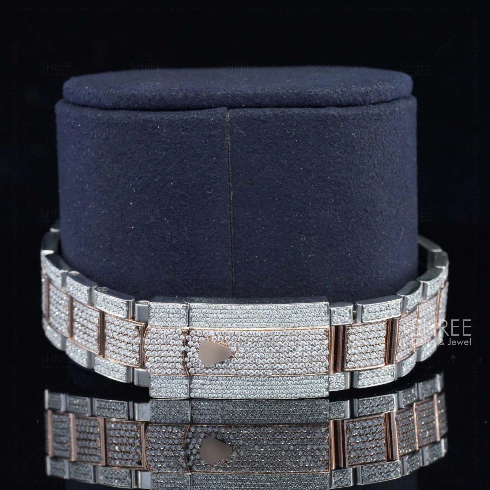 Back side of Two Tone Pave Dial Moissanite Watch | Rose Gold Luxury Iced Watch