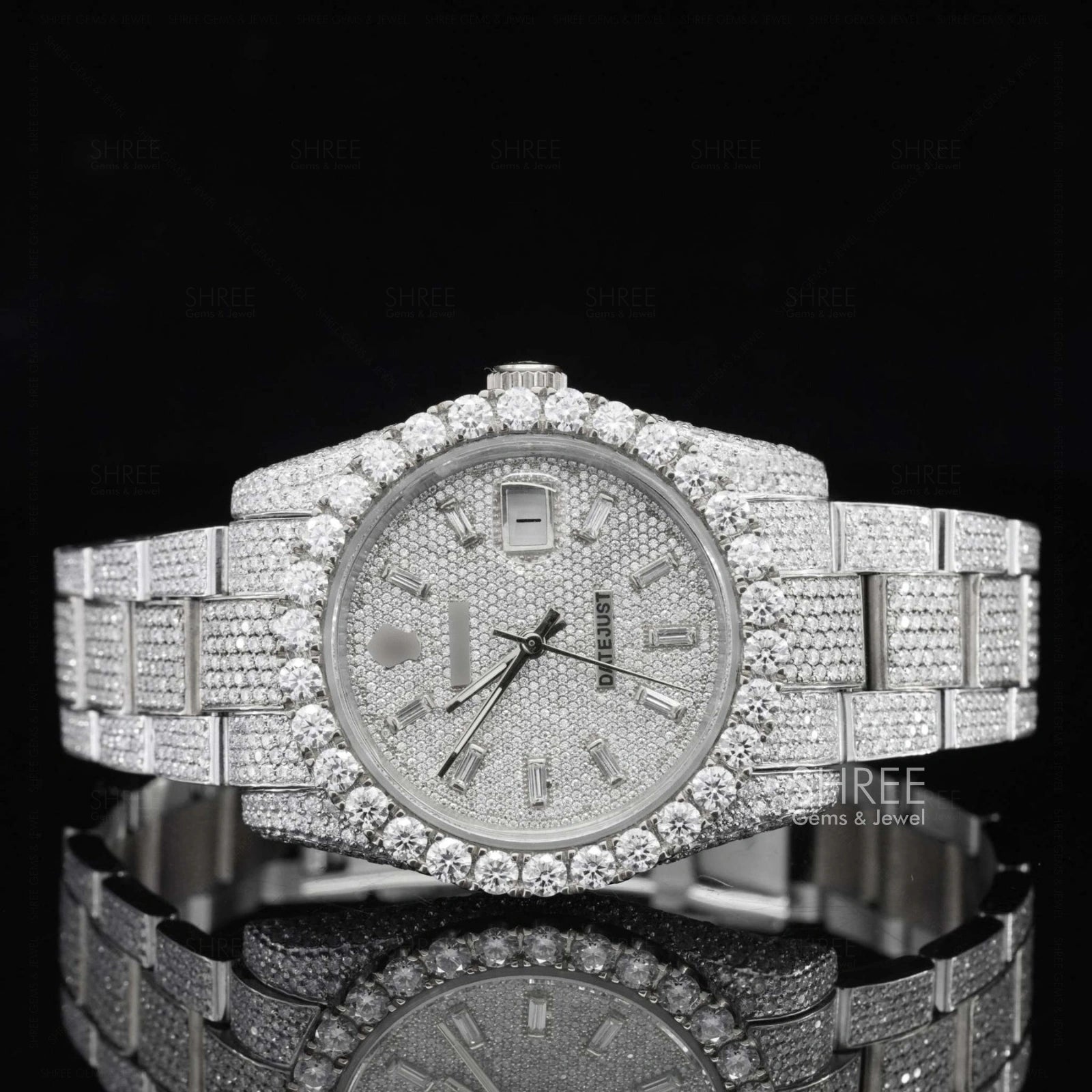 Front View of Pave Dial Moissanite Watch | White Gold Luxury Iced Watch