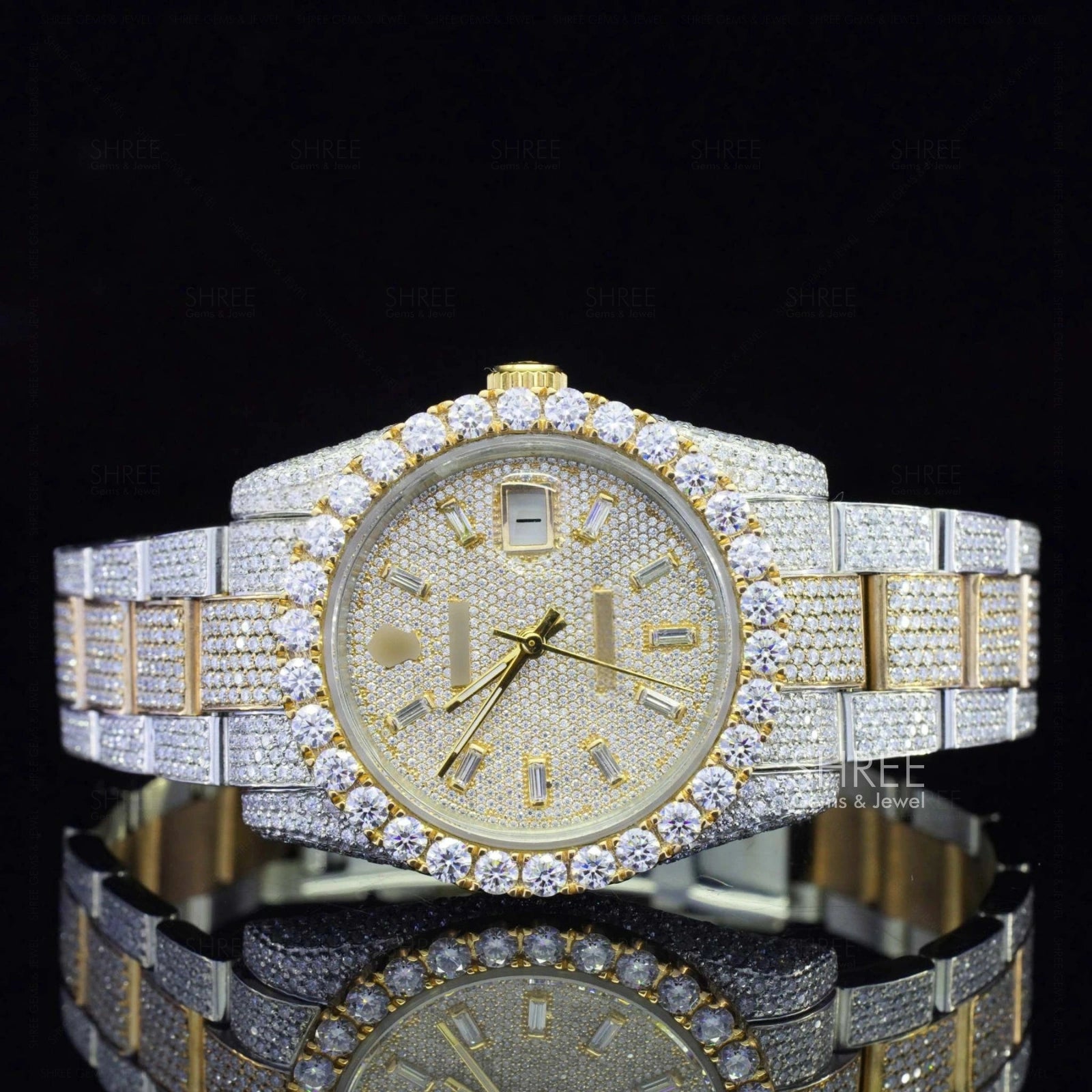Front View of Two Tone Pave Dial Moissanite Watch | Yellow Gold Luxury Iced Watch