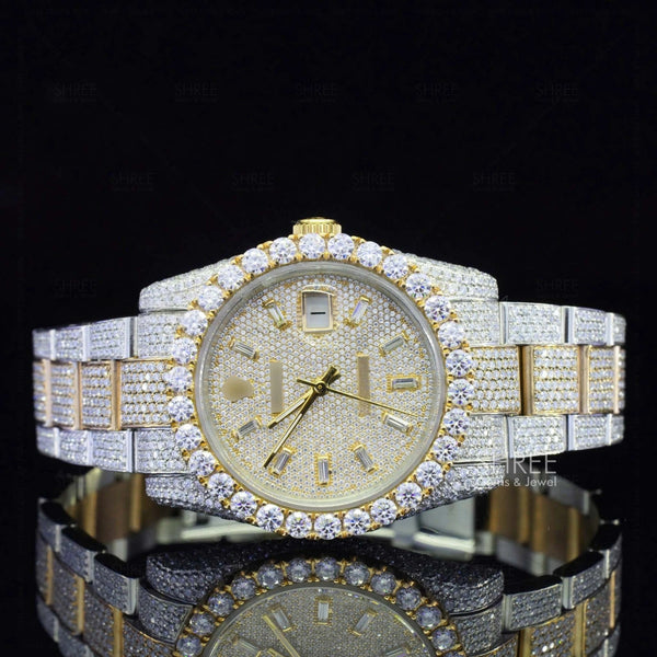 Front View of Two Tone Pave Dial Moissanite Watch | Yellow Gold Luxury Iced Watch