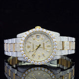Front View of Two Tone Pave Dial Moissanite Watch | Yellow Gold Luxury Iced Watch