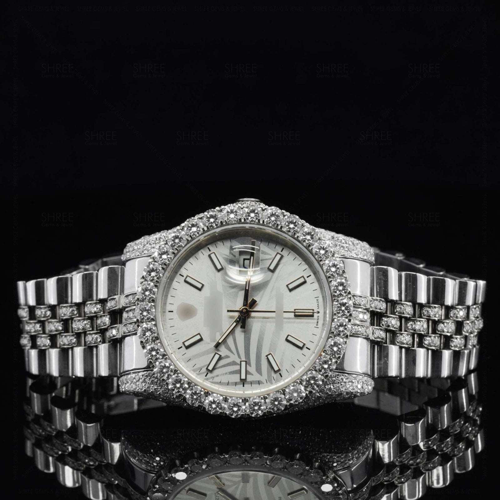 Front View of White Dial Iced Out Datejust Style Moissanite Watch – 41MM Bust Down Watch