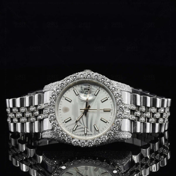 Front View of White Dial Date Just Style Moissanite Watch  41 MM  White Gold Tone