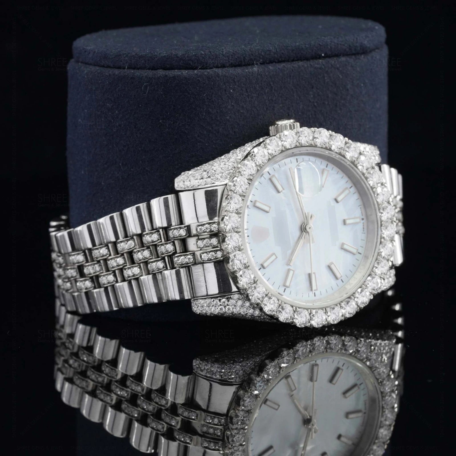 Side view of White Dial Iced Out Datejust Style Moissanite Watch – 41MM Bust Down Watch