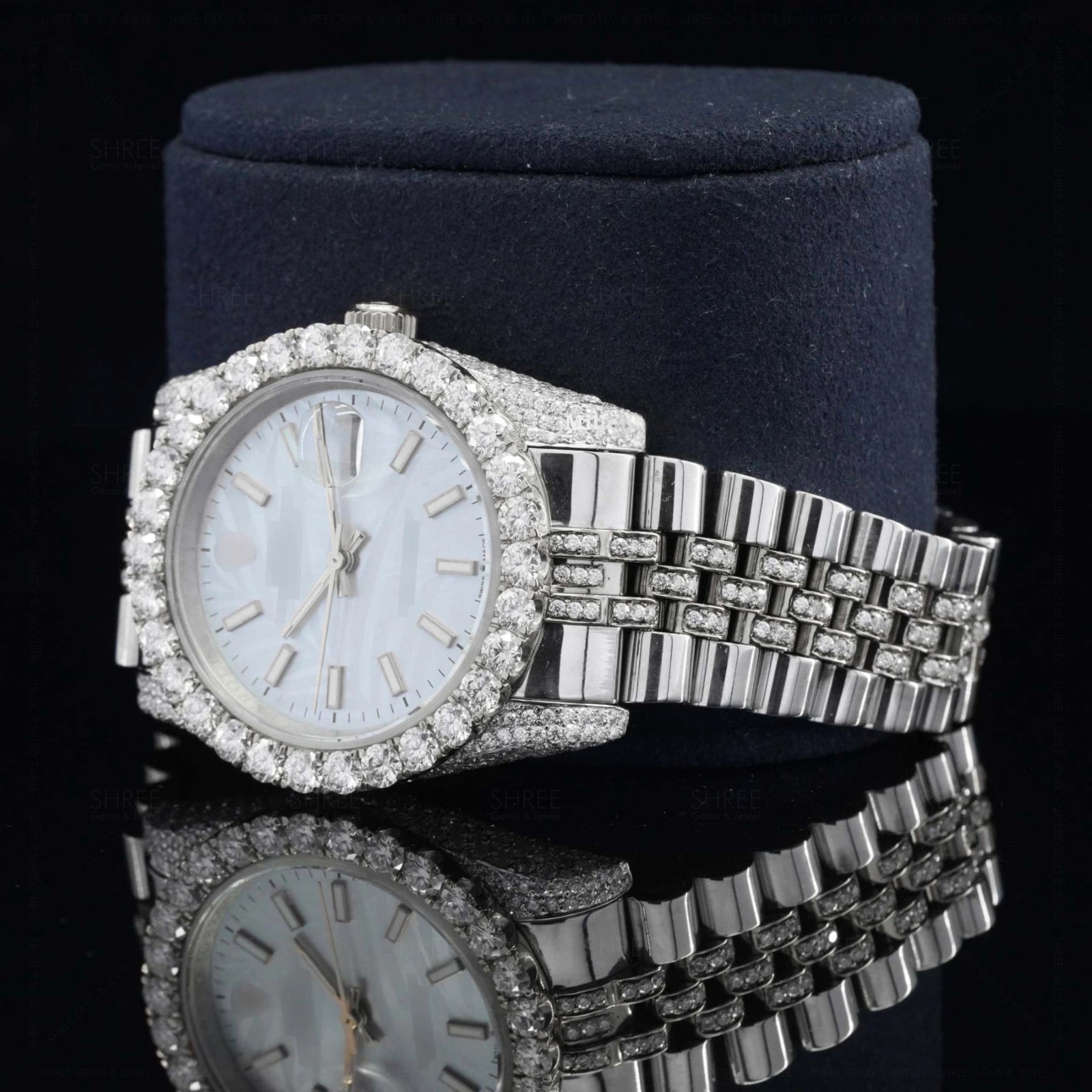 Close up view of White Dial Iced Out Datejust Style Moissanite Watch – 41MM Bust Down Watch