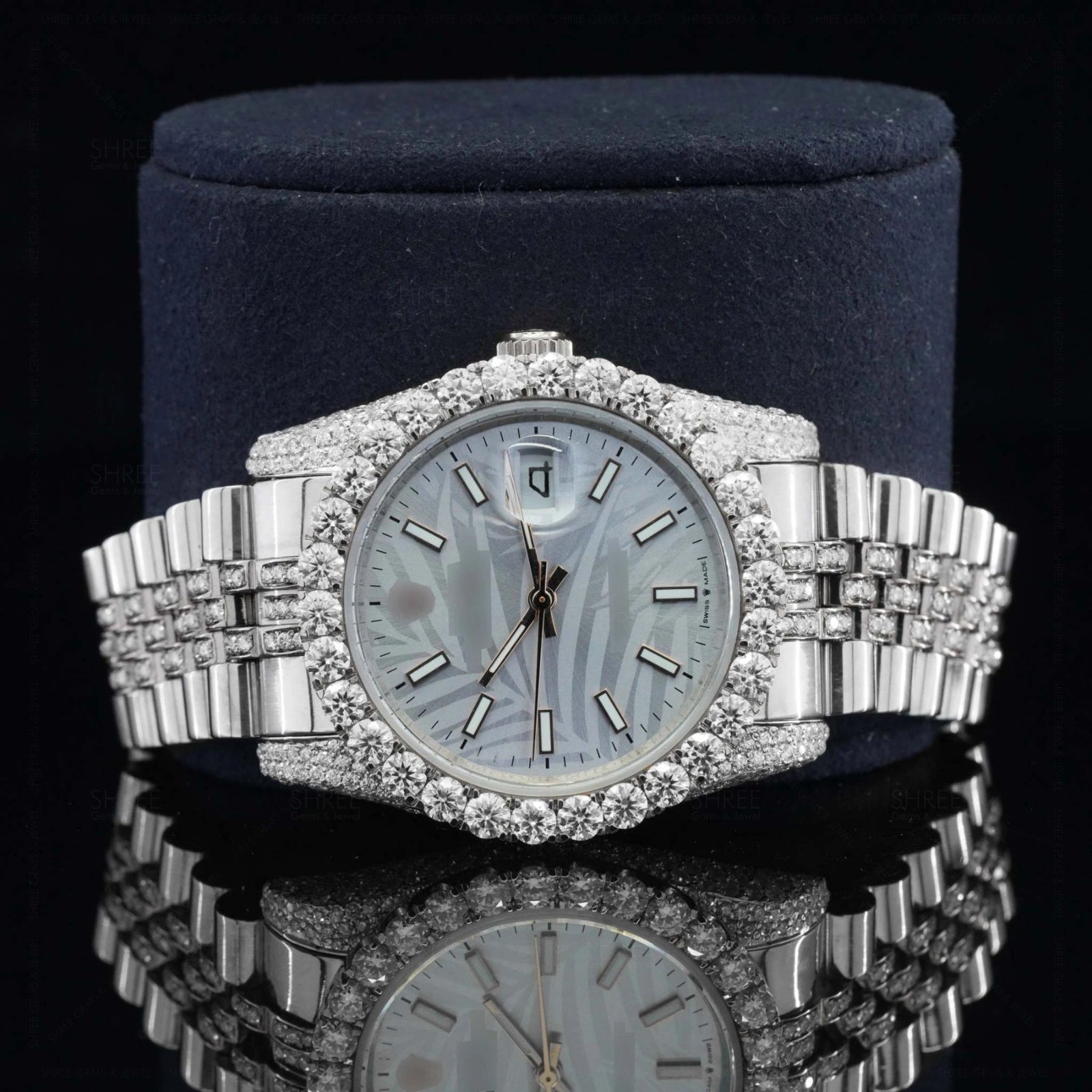 unique dial view of White Dial Iced Out Datejust Style Moissanite Watch – 41MM Bust Down Watch