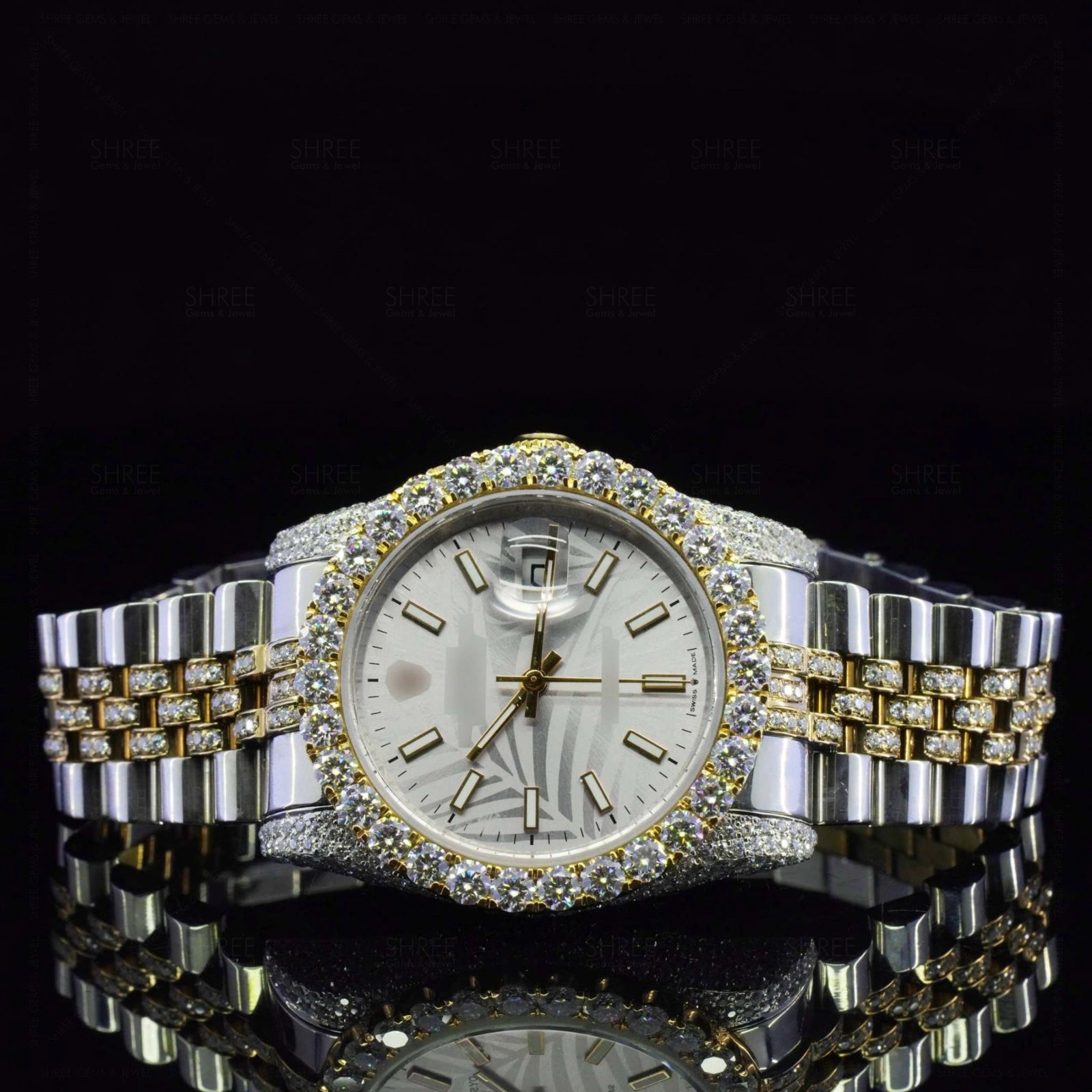 Front View of White Dial Iced Out Datejust Style Moissanite Watch – 41MM Bust Down Watch