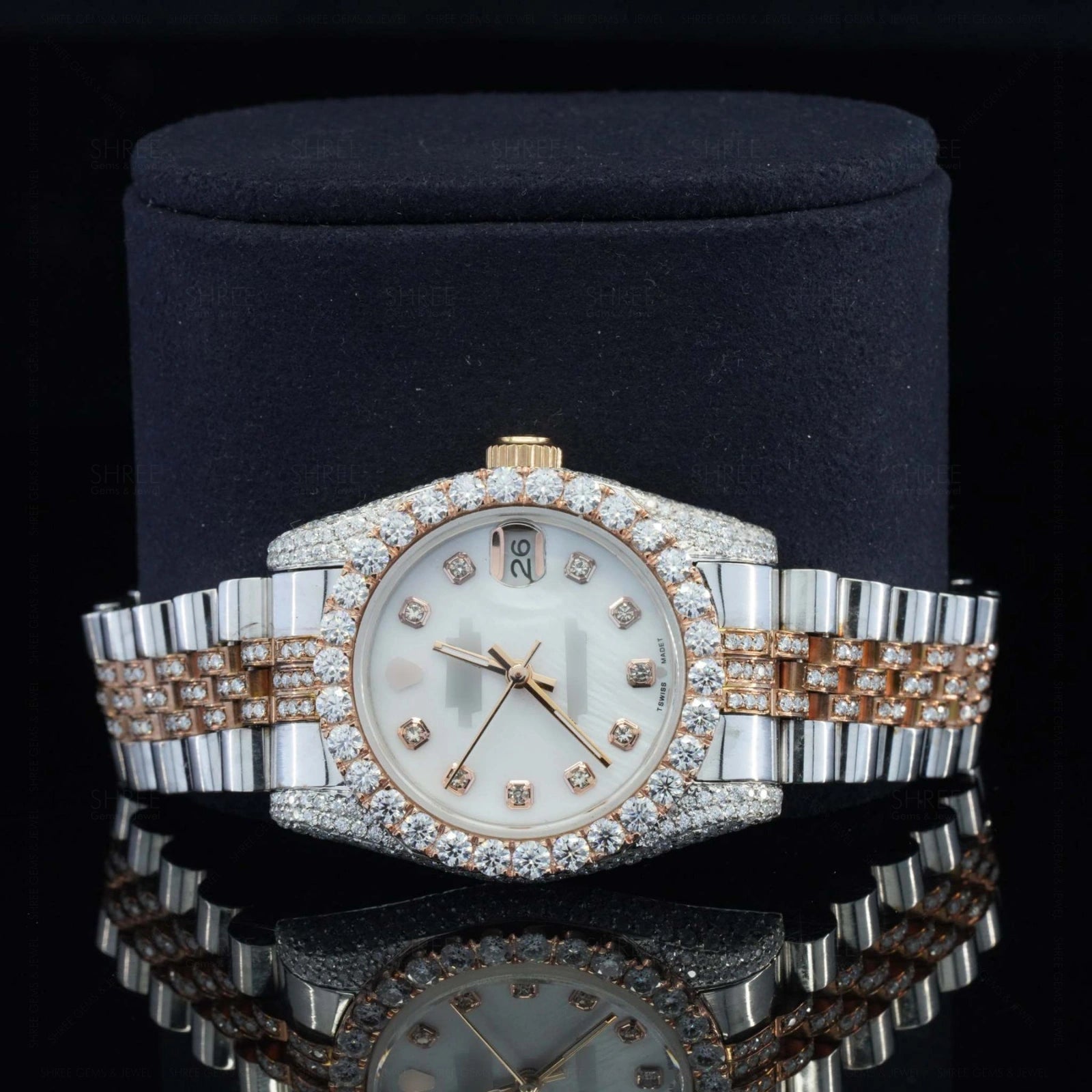 Dial Face View of White Dial Date Just Style Moissanite Watch  41 Mm  Rose Gold Tone
