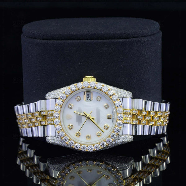 Front View of White Dial Date Just Style Moissanite Watch 41 Mm Yellow Gold Tone