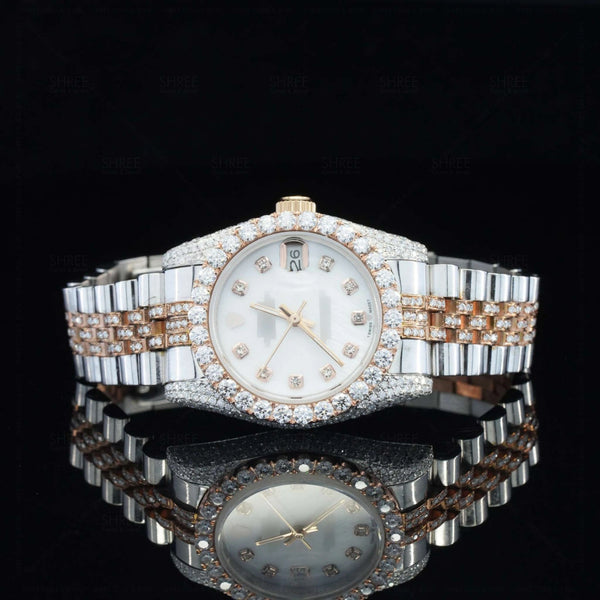 Front View of White Dial Date Just Style Moissanite Watch  41 Mm  Rose Gold Tone