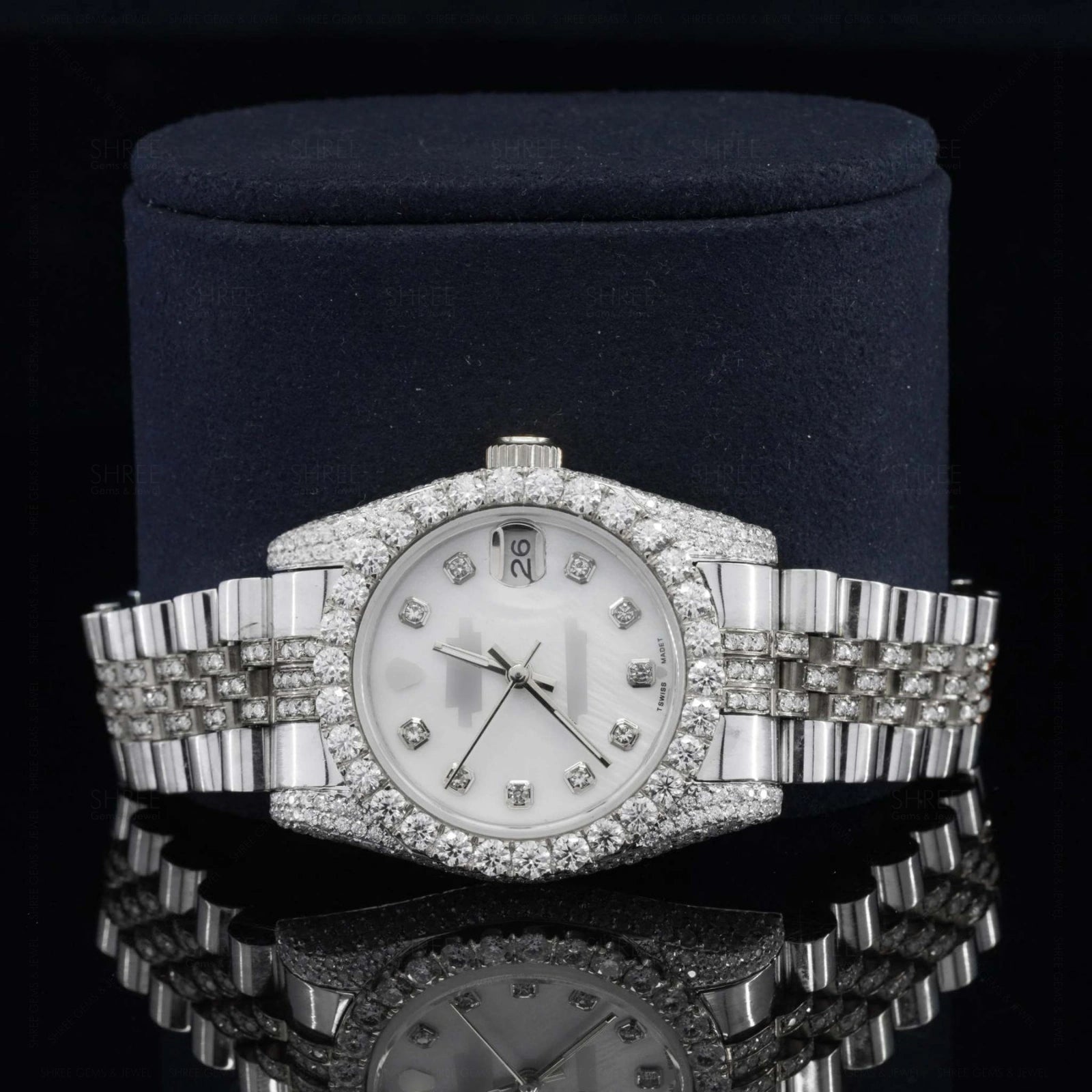 Front View of White Dial Date Just Style Moissanite Watch 41 Mm White Gold Tone