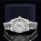 Front View of White Dial Date Just Style Moissanite Watch 41 Mm White Gold Tone