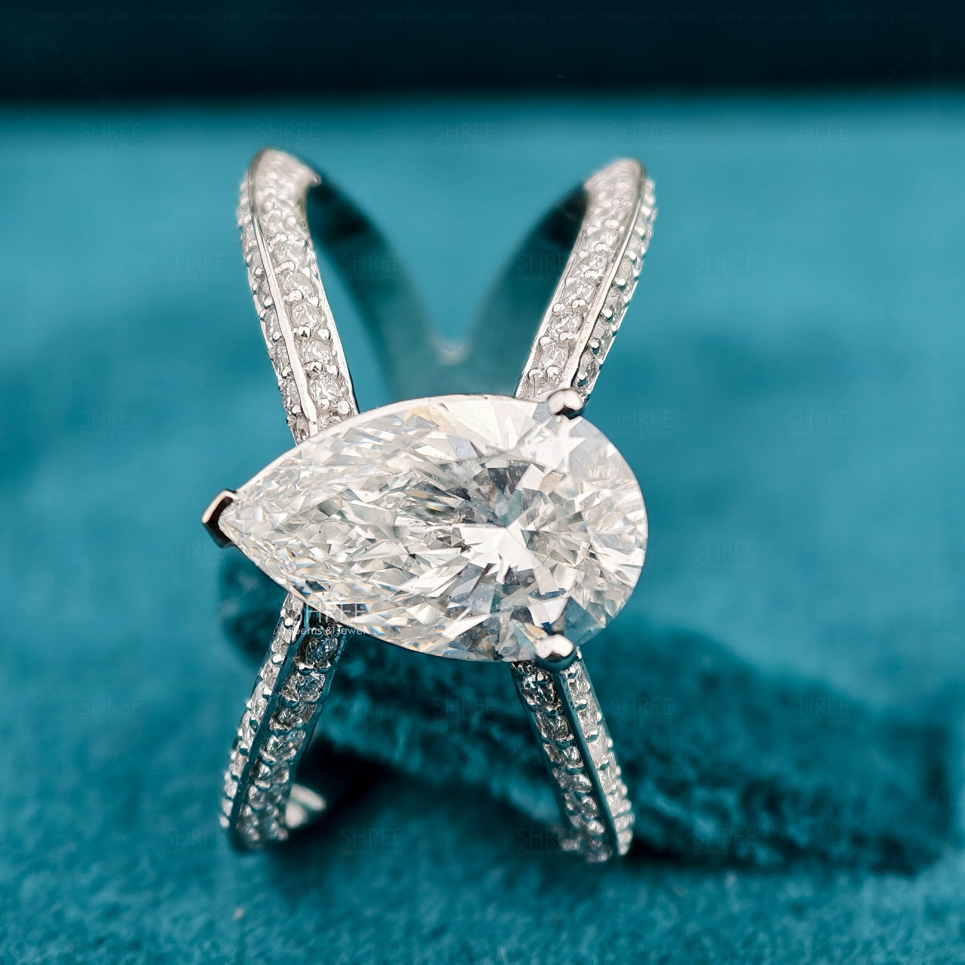 Pear Cut Lab Diamond Split Shank Wedding Ring For Her