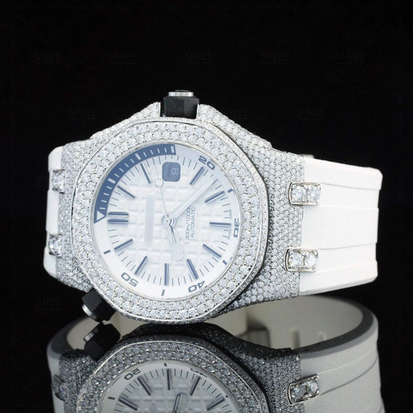 Closeup view of White Rubber Strap Moissanite Wrist Watch  41 MM  White Gold Tone