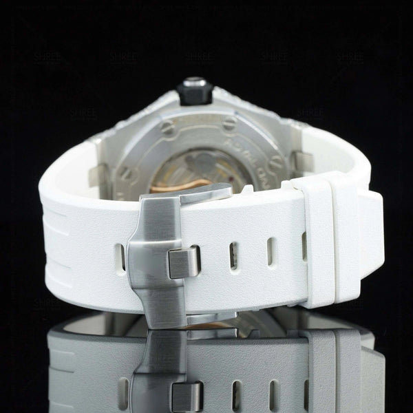 Back side view of Rubber Strap Watch 41mm – White Gold Tone Moissanite Dial