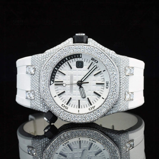 White Rubber Strap Moissanite Wrist Watch  41 MM  White Gold Tone