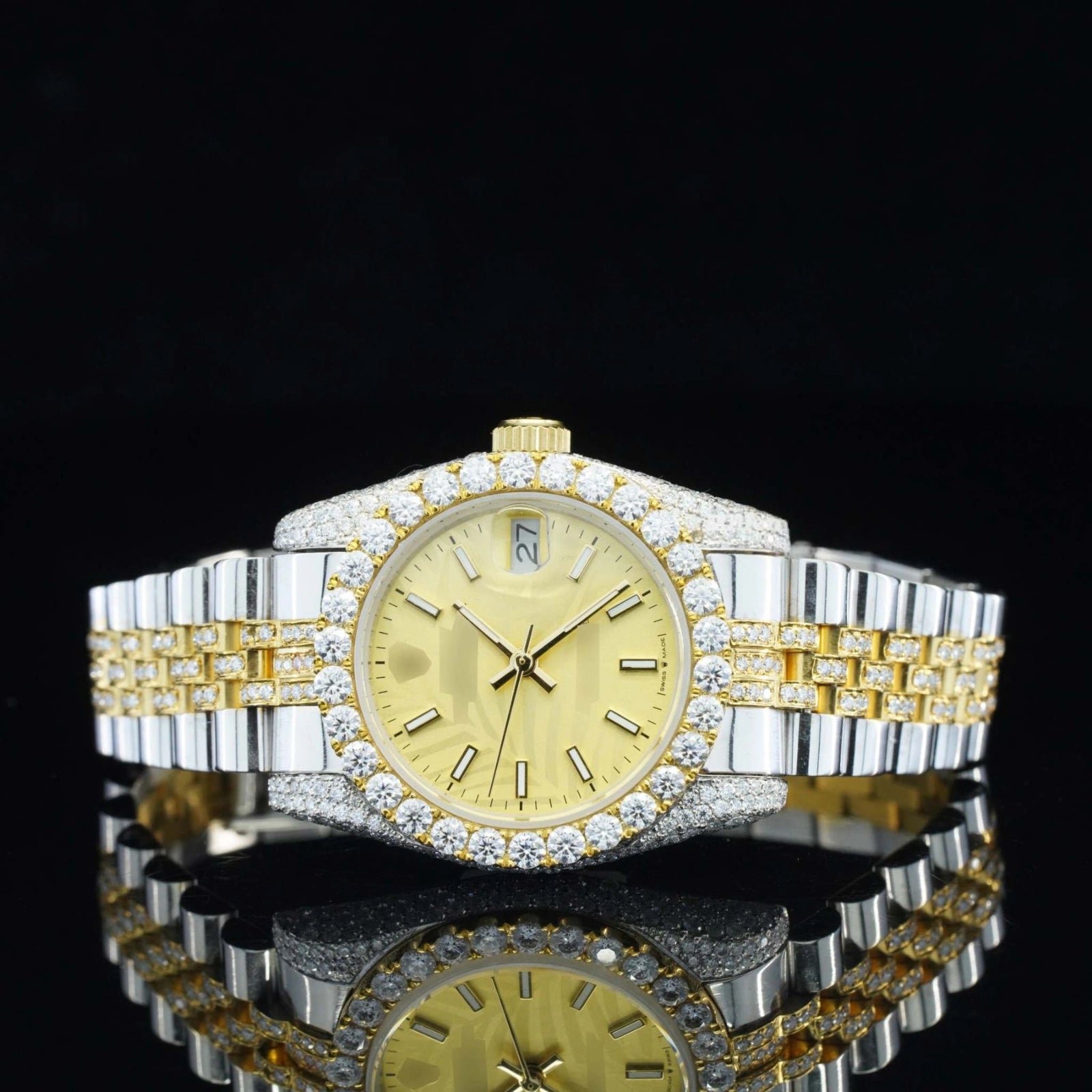 Front View of Datejust Style Moissanite Watch 41mm – Yellow Dial Yellow Gold
