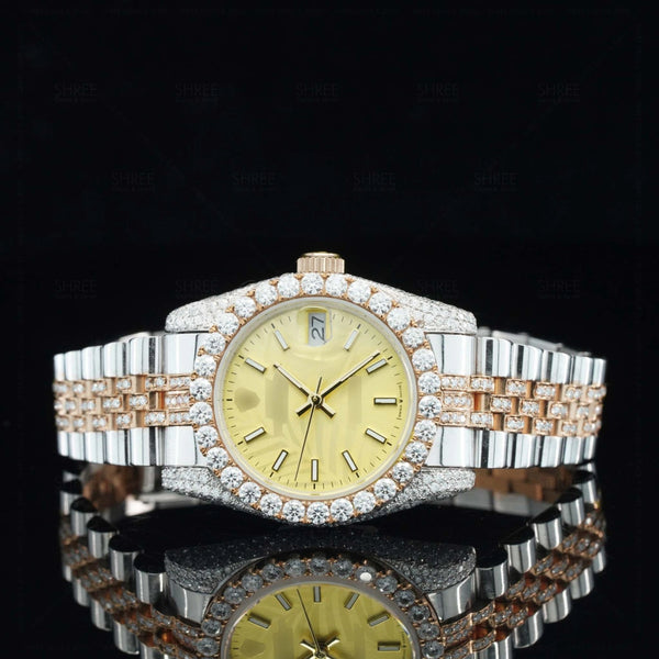 Front View of Yellow Dial Date Just Style Moissanite Watch | 41 Mm | Rose Gold Tone
