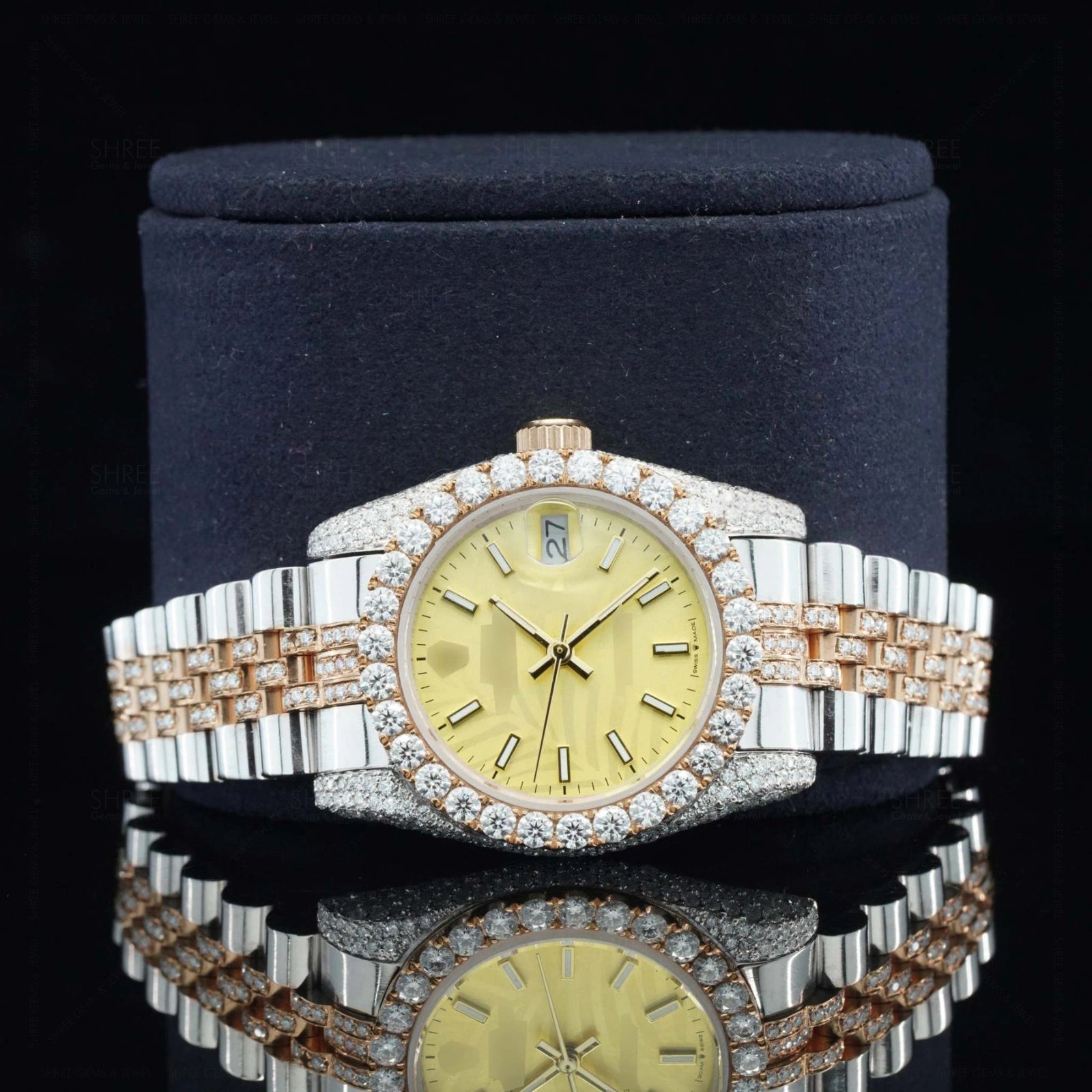 Dial View of Datejust Style Moissanite Watch 41mm – Yellow Dial Rose Gold