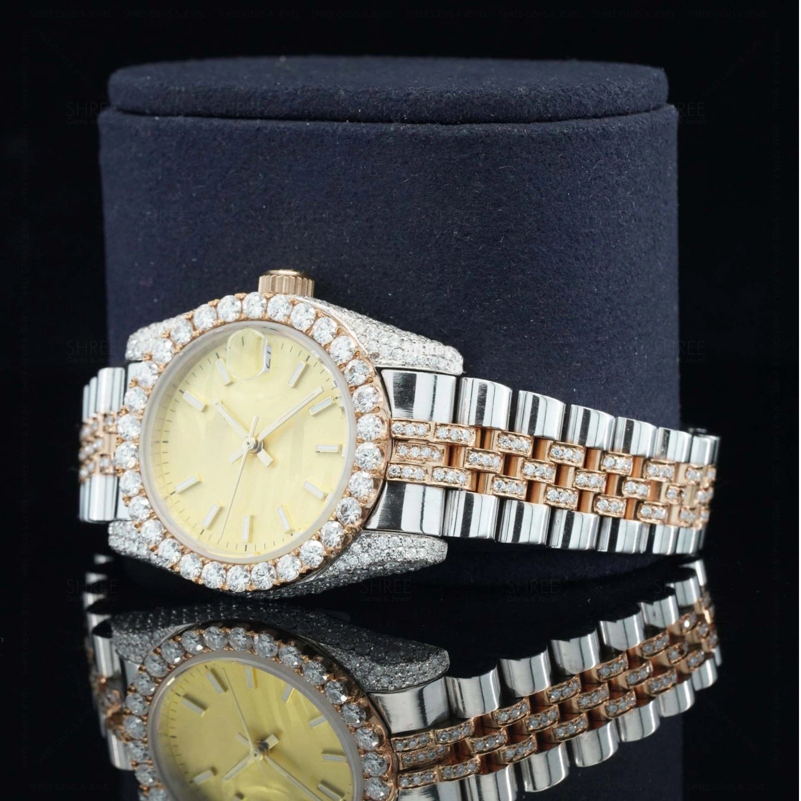 Close View of Datejust Style Moissanite Watch 41mm – Yellow Dial Rose Gold