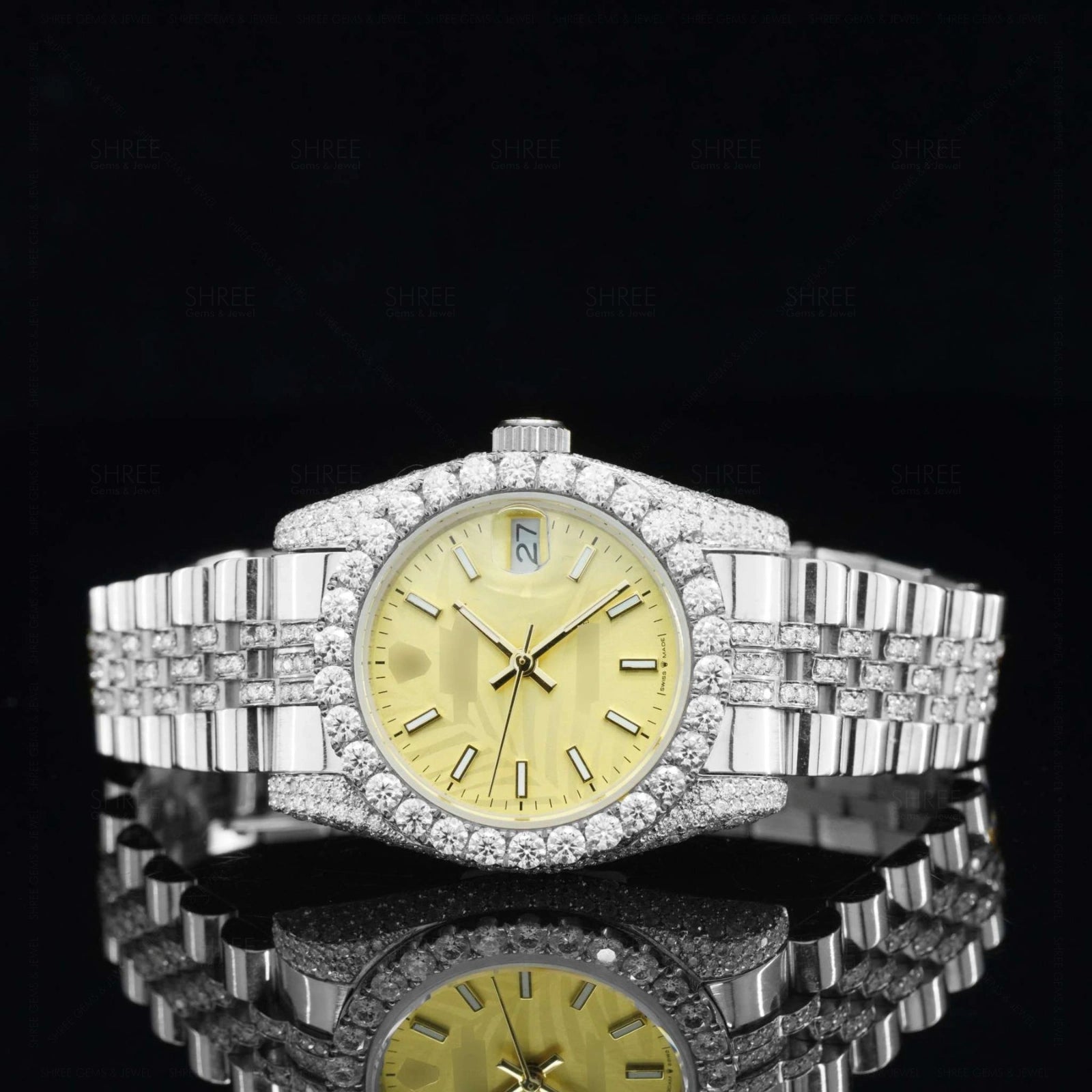 Front View of Datejust Style Moissanite Watch 41mm – Yellow Dial White Gold