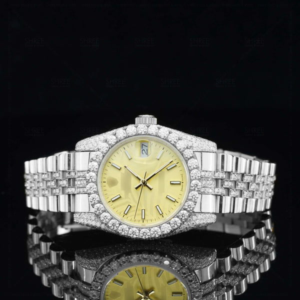 Front View of Yellow Dial Date Just Style Moissanite Watch | 41 Mm | White Gold Tone
