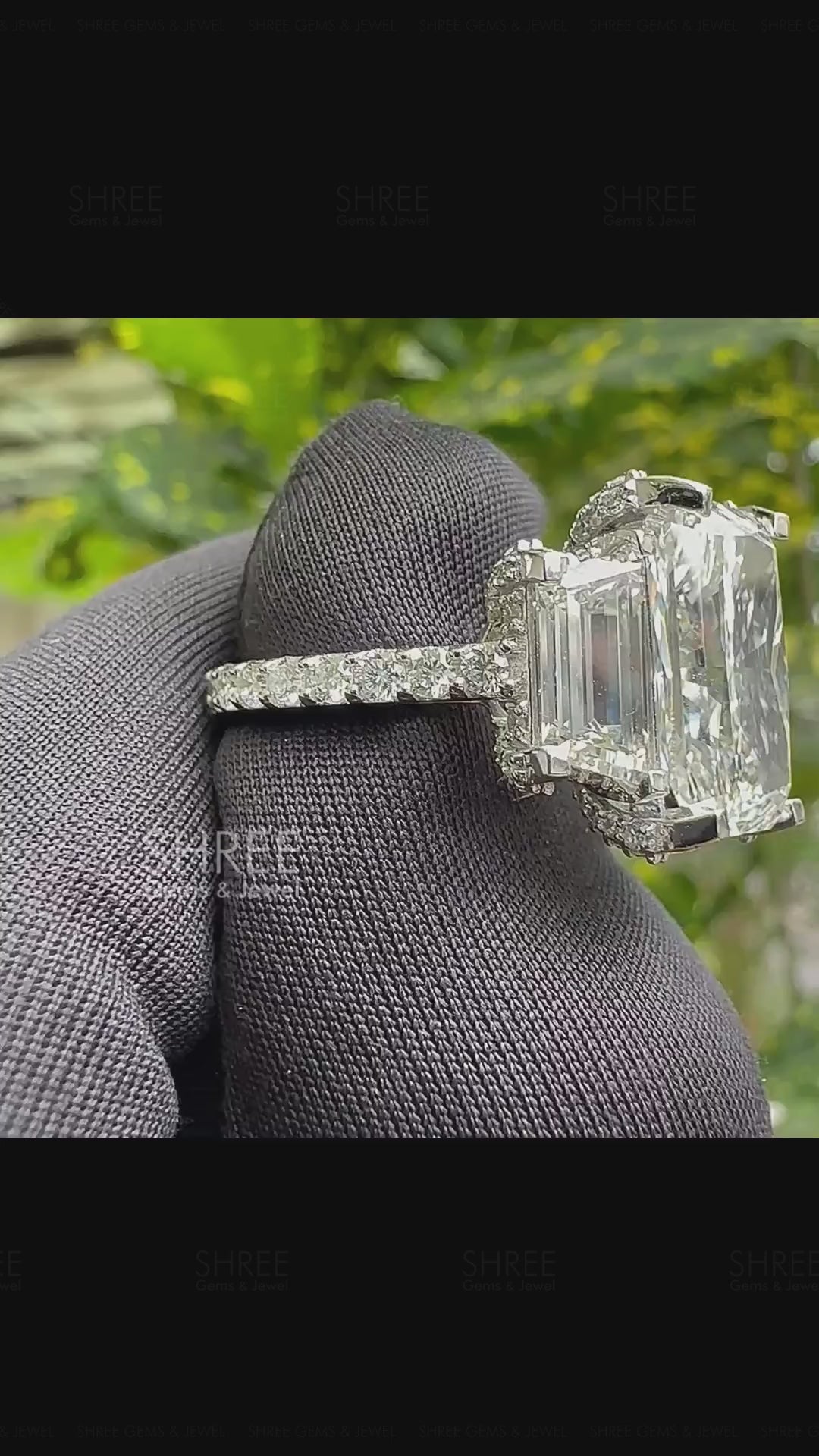 Video of 6 Carat Radiant Three Stone Halo Engagement Ring