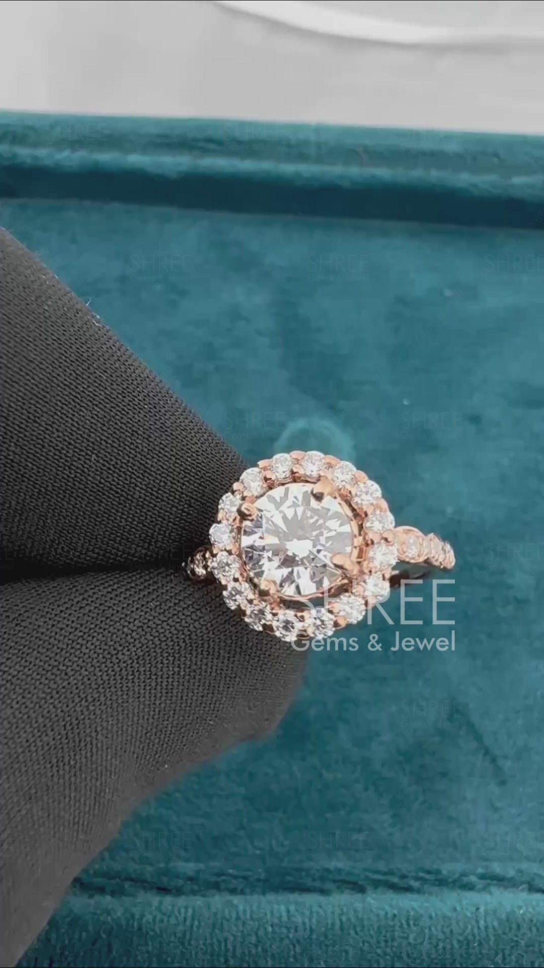 Video of 1Ct Round Lab Diamond Vintage Style Halo Engagement Ring