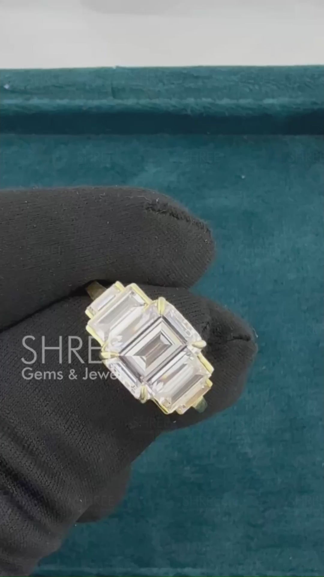 Video of Emerald Cut Lab Diamond Five Stones Engagement Ring