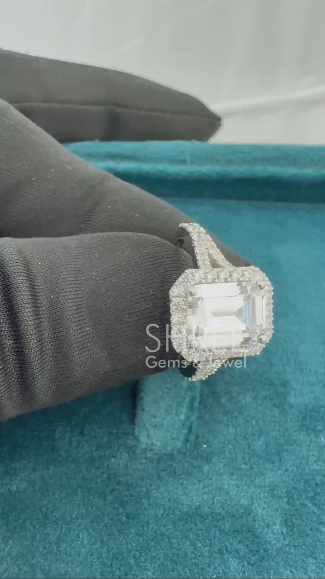 Video of 1.50 Ct Emerald Cut Lab Grown Diamond Halo Ring